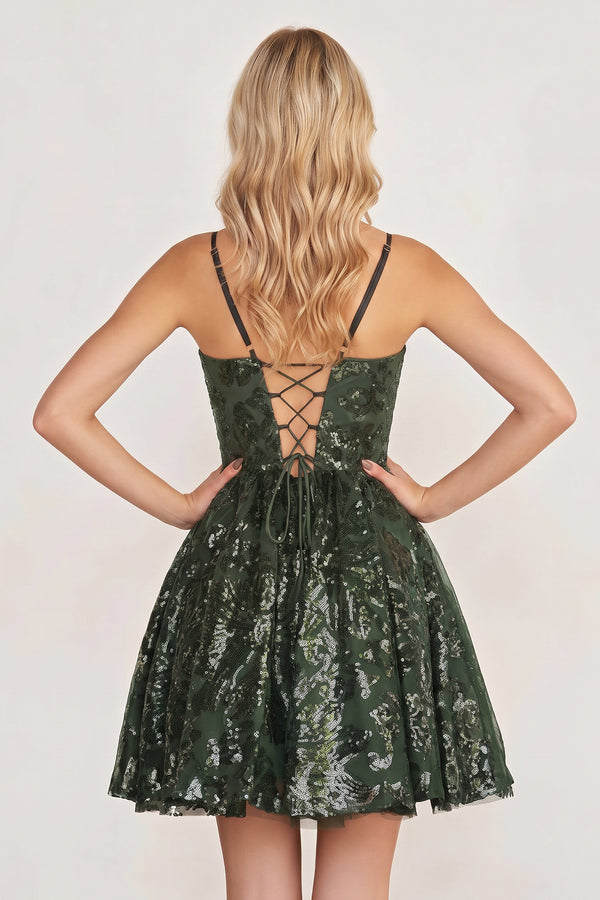 Moss A-line Spaghetti Straps V Neck Lace Homecoming Dress | KISSPROM