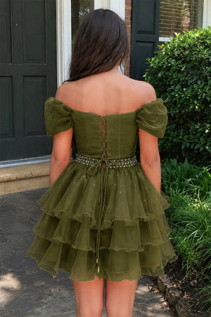 Moss Off-the-Shoulder Ruffle Short Homecoming Dress (2) | KISSPROM