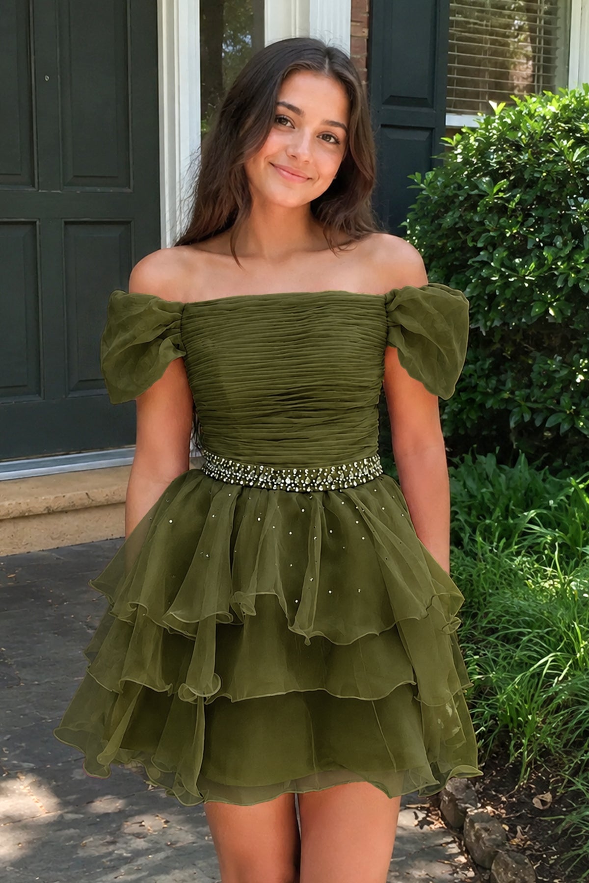 KissProm Hot Pink Off-the-Shoulder Ruffle Short Homecoming Dress, Moss / 8