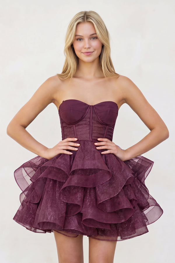 Mulberry A-Line Tulle Short Homecoming Dress with Ruffles | KISSPROM