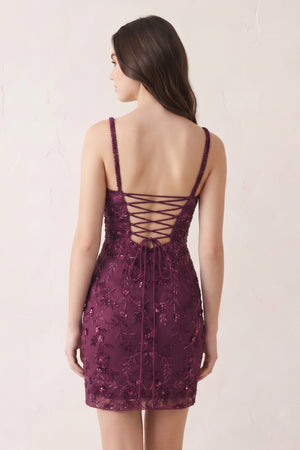 Mulberry Floral Lace Beaded Lace-Up Back Homecoming Dress (2) | KISSPROM