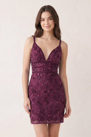 Mulberry Floral Lace Beaded Lace-Up Back Homecoming Dress | KISSPROM