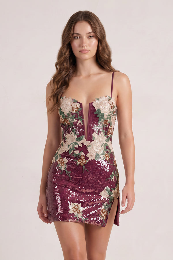 Mulberry Sheath V Neck Sequined Flower Appliques Mini Homecoming Dresses | KISSPROM