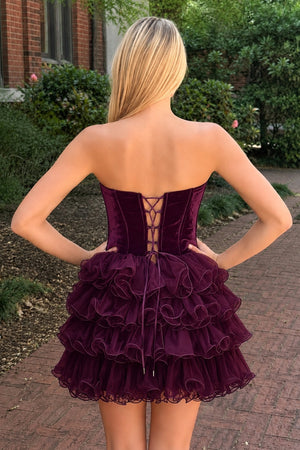 Mulberry Velvet Sweetheart Ruffles Short Homecoming Dress (2) | KISSPROM