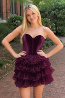 Mulberry Velvet Sweetheart Ruffles Short Homecoming Dress | KISSPROM