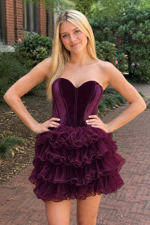 Mulberry Velvet Sweetheart Ruffles Short Homecoming Dress | KISSPROM