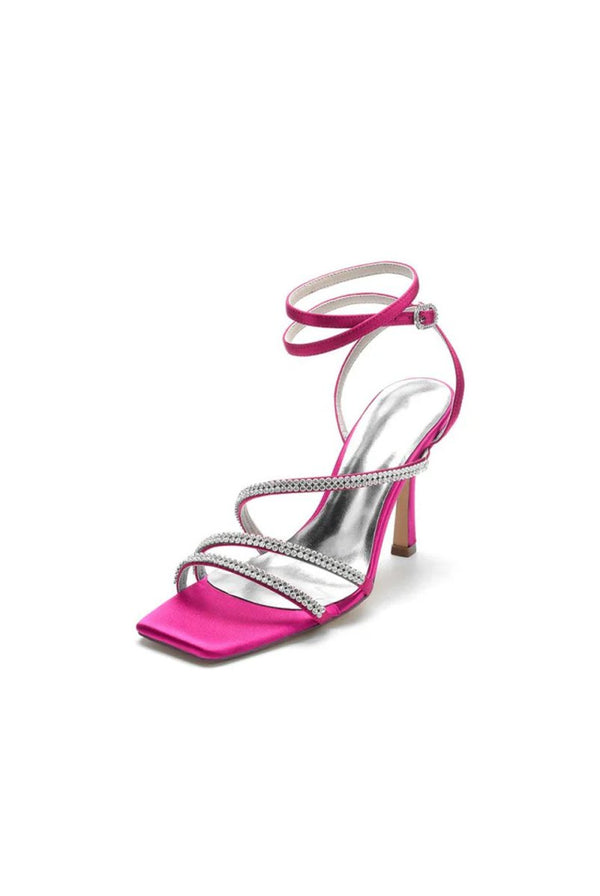 Multi Crystal Straps Square Open Toe Chunky Heels - KissProm