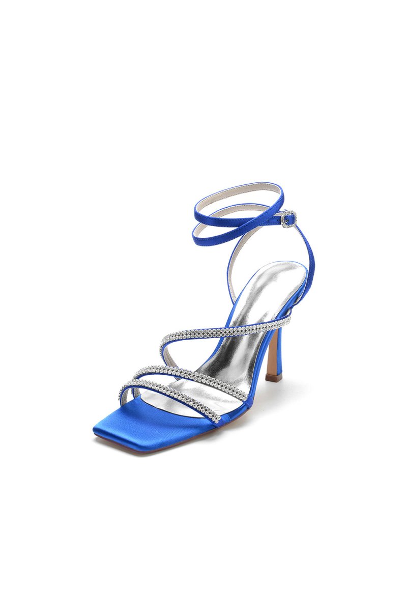 Multi Crystal Straps Square Open Toe Chunky Heels - KissProm