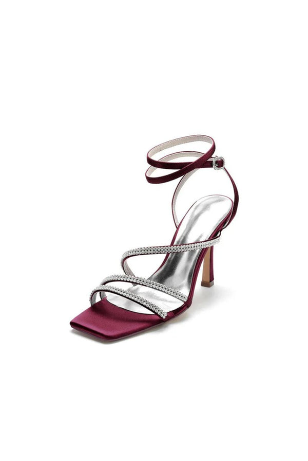 Multi Crystal Straps Square Open Toe Chunky Heels - KissProm