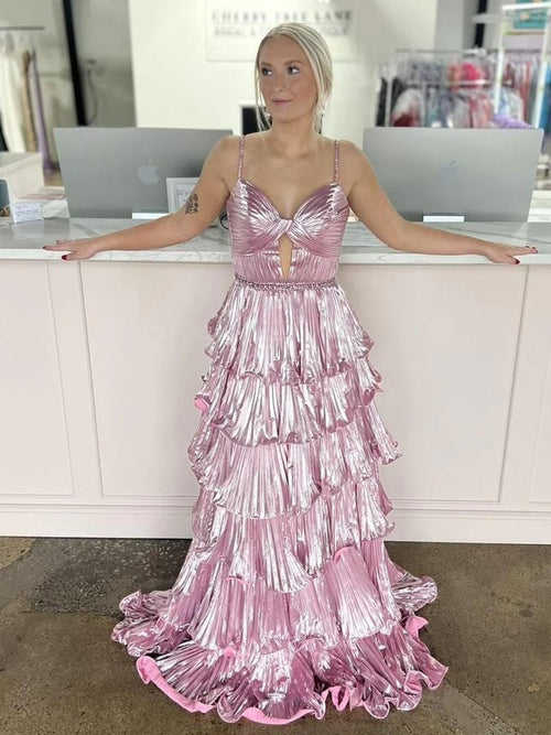 Murray | Sweetheart Spaghetti Straps Tiered A-Line Metallic Prom Dress