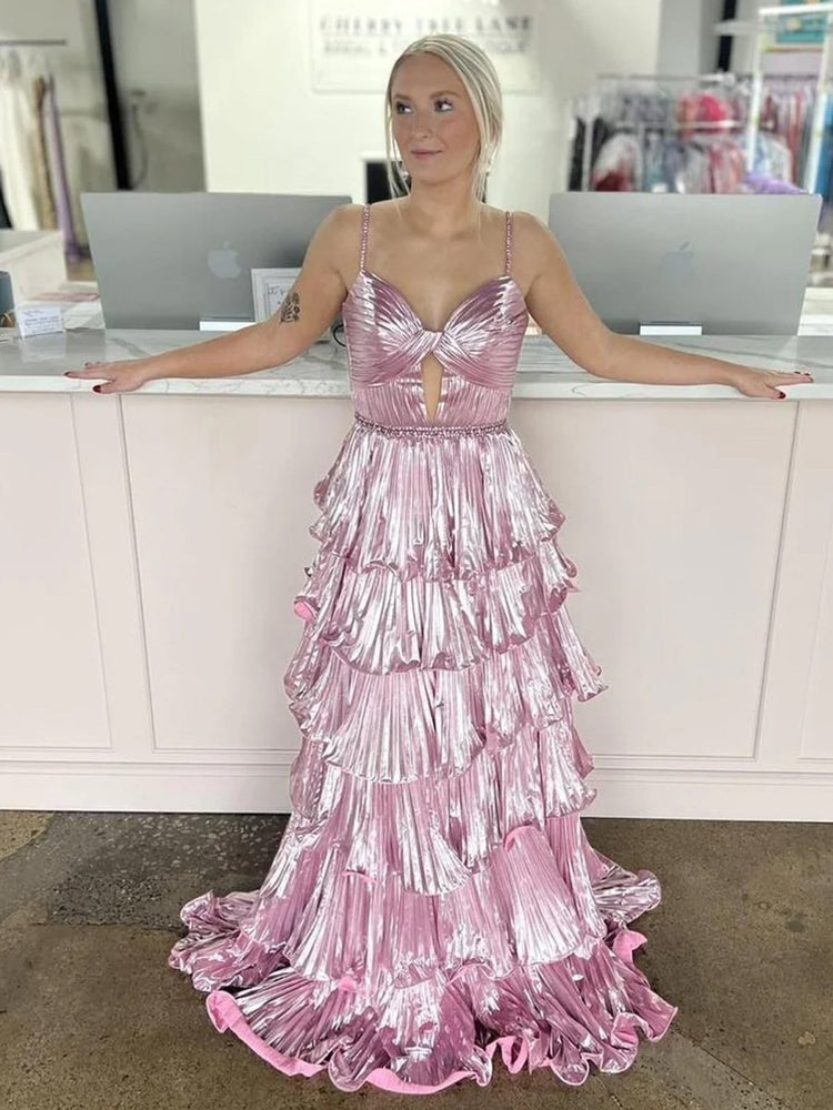 A-Line Sweetheart Spaghetti Straps Floral Printed Tiered Long Prom Dresses with Slit VK26011603