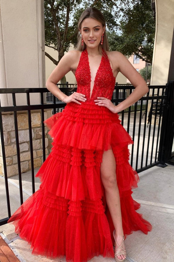 Morton|Red Tulle Appliques Halter Ruffle Tiered Ball Gown