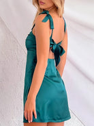 Myamee | Dark Green - Sheath Square Neck Satin Homecoming Dress with Bow Straps