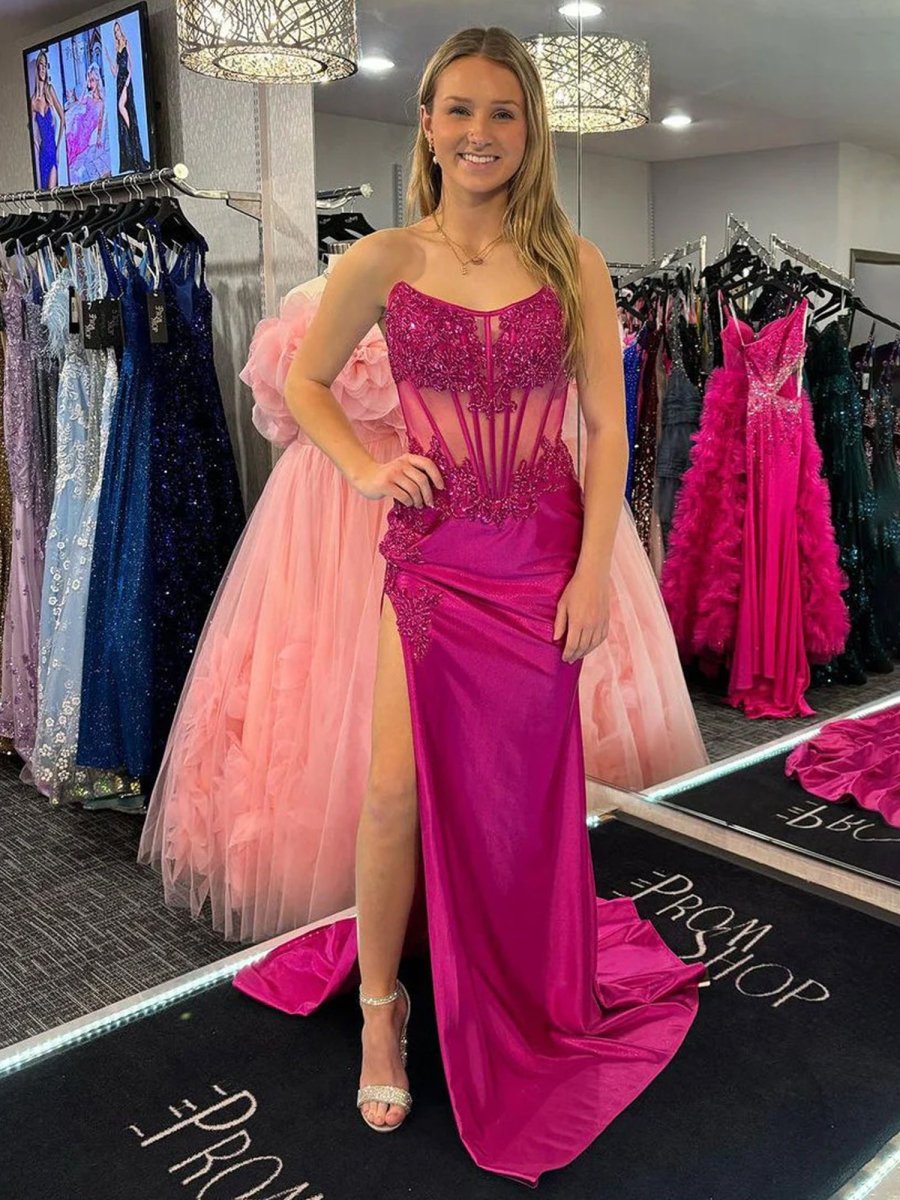 Myki | Fuchsia Strapless Satin Mermaid Long Prom Dresses with Slit - KissProm
