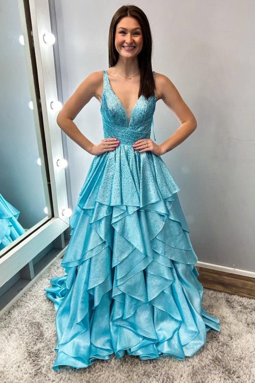 Nacre | Aqua Blue Hot Stone Multi - Layer Ruffle Long Prom Dress - KissProm