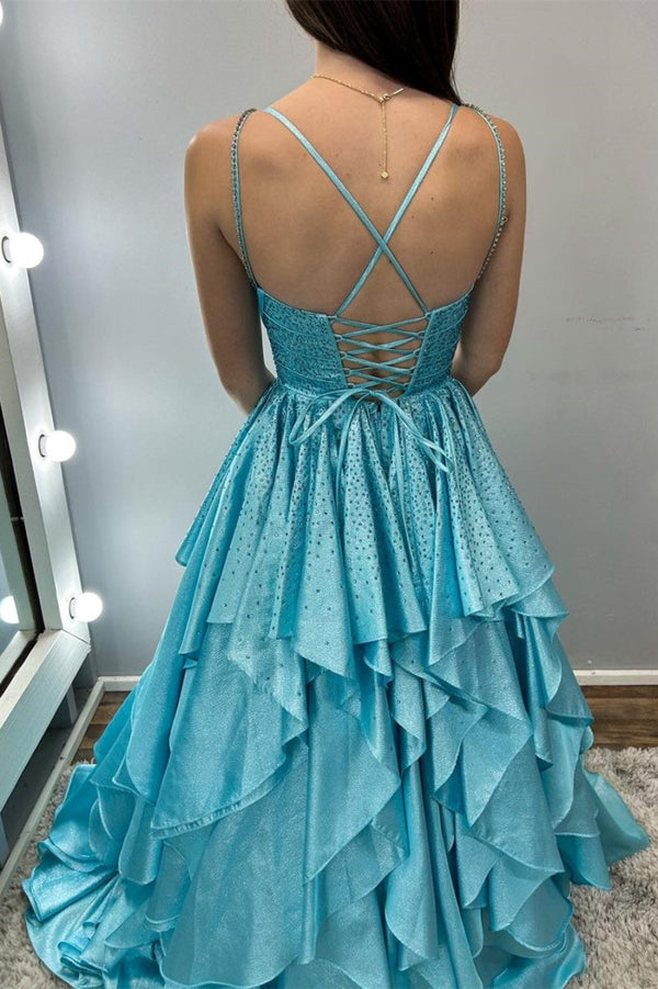 Nacre | Aqua Blue Hot Stone Multi - Layer Ruffle Long Prom Dress - KissProm