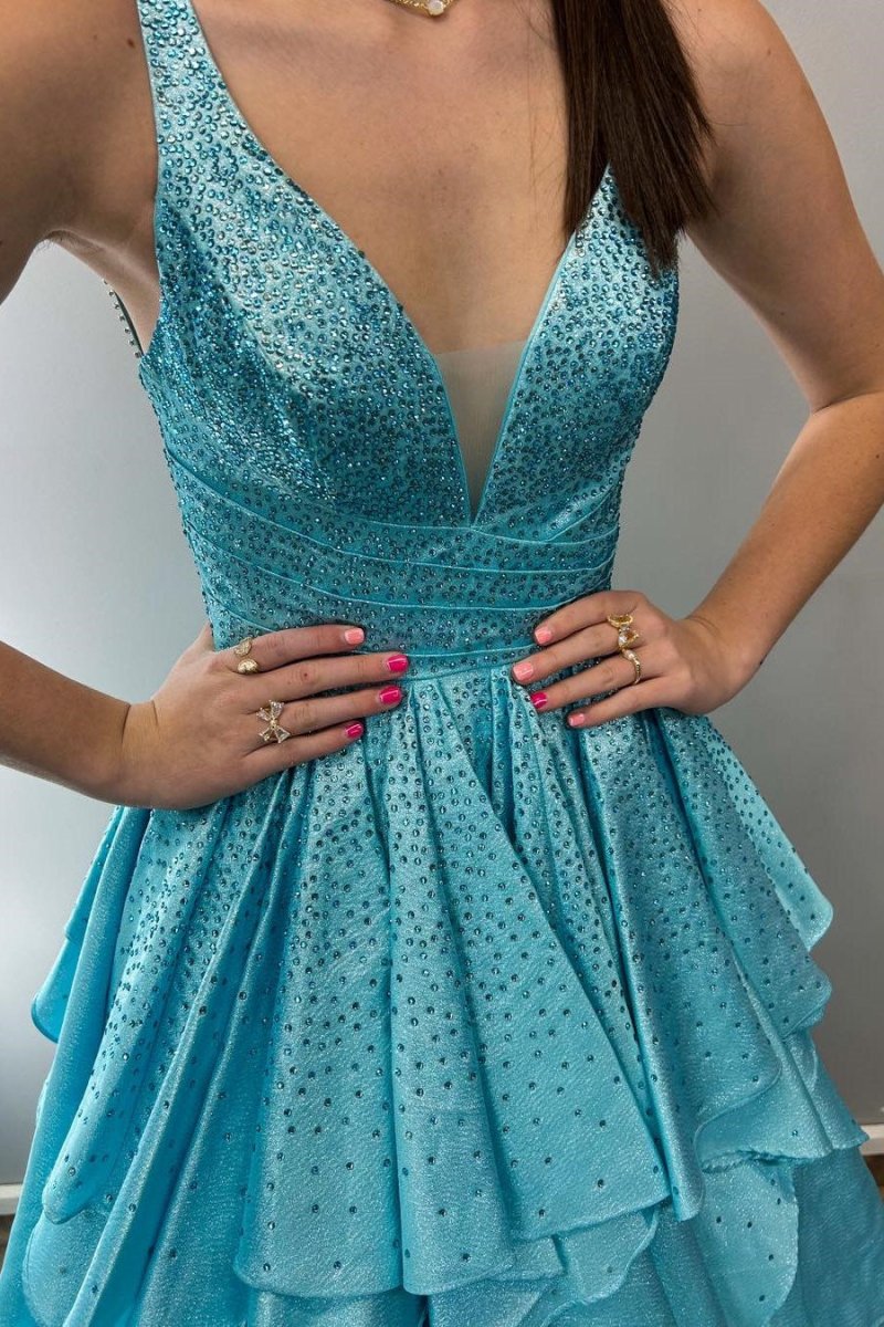 Nacre | Aqua Blue Hot Stone Multi - Layer Ruffle Long Prom Dress - KissProm