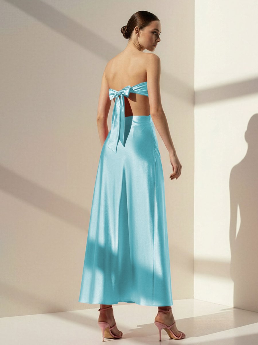 Nadine | PInk Strapless Back Tie Satin A - line Prom Dress - KissProm