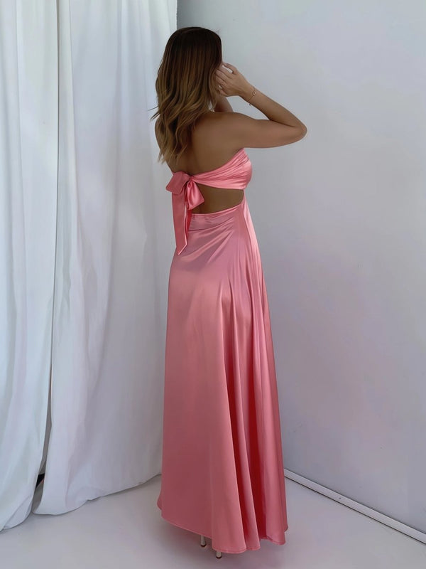 Nadine | Coral Strapless Back Tie Satin A - line Prom Dress - KissProm