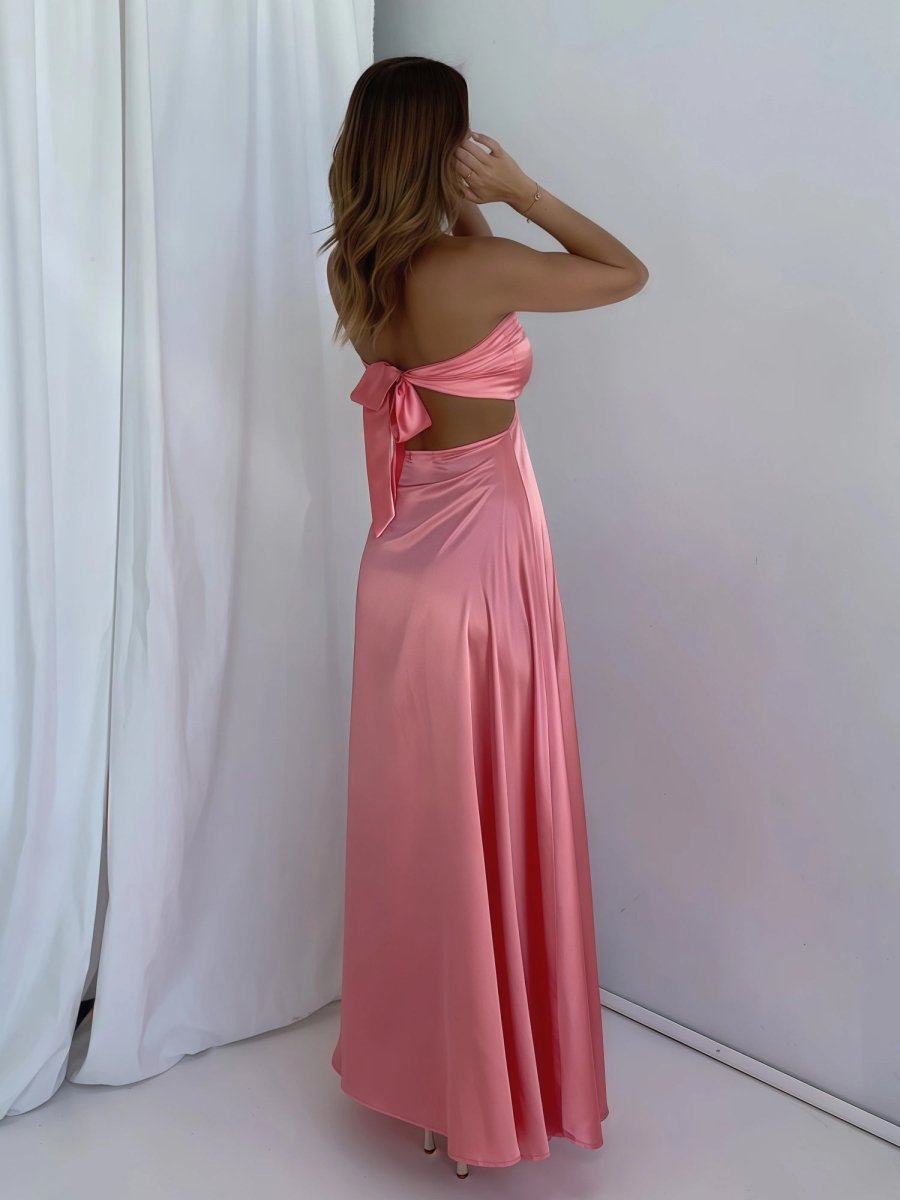 Nadine | Coral Strapless Back Tie Satin A - line Prom Dress - KissProm