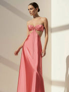 Nadine | Coral Strapless Back Tie Satin A - line Prom Dress - KissProm