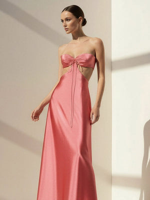 Nadine | Coral Strapless Back Tie Satin A - line Prom Dress - KissProm