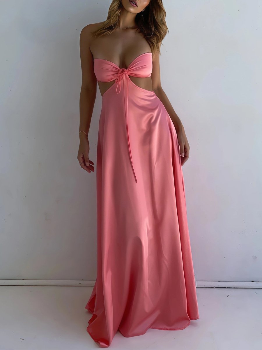 Nadine | Coral Strapless Back Tie Satin A - line Prom Dress - KissProm