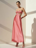 Nadine | Coral Strapless Back Tie Satin A - line Prom Dress - KissProm