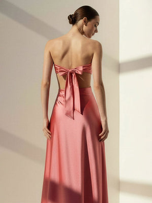 Nadine | Coral Strapless Back Tie Satin A - line Prom Dress - KissProm