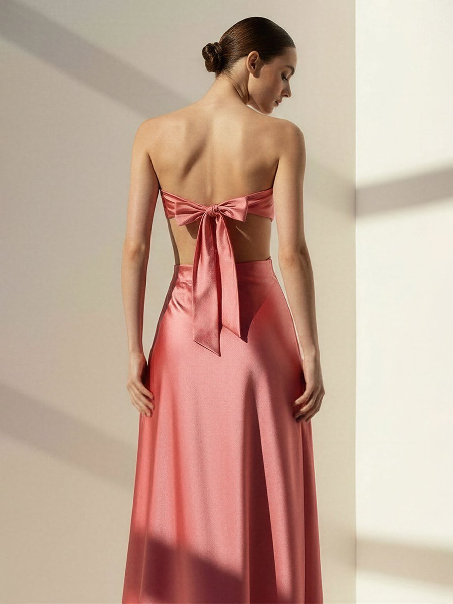 Nadine | Coral Strapless Back Tie Satin A - line Prom Dress - KissProm