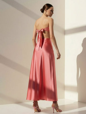 Nadine | Coral Strapless Back Tie Satin A - line Prom Dress - KissProm