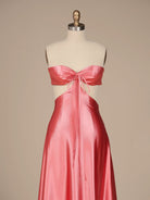 Nadine | Coral Strapless Back Tie Satin A - line Prom Dress - KissProm