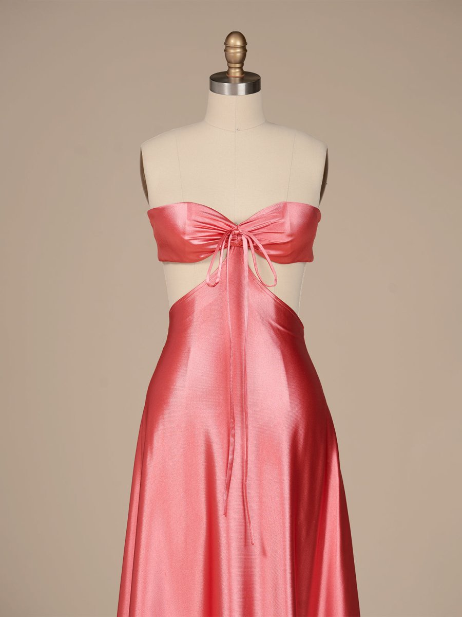 strapless open back dress PInk Sweetheart Back Tie Satin A-line Prom Dress