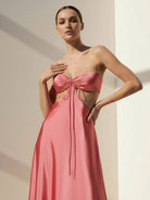 Nadine | Coral Strapless Back Tie Satin A - line Prom Dress - KissProm