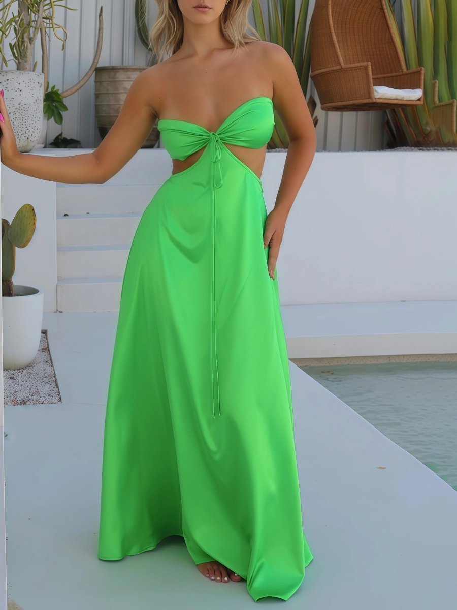 Nadine | Green Strapless Back Tie Satin A - line Prom Dress - KissProm