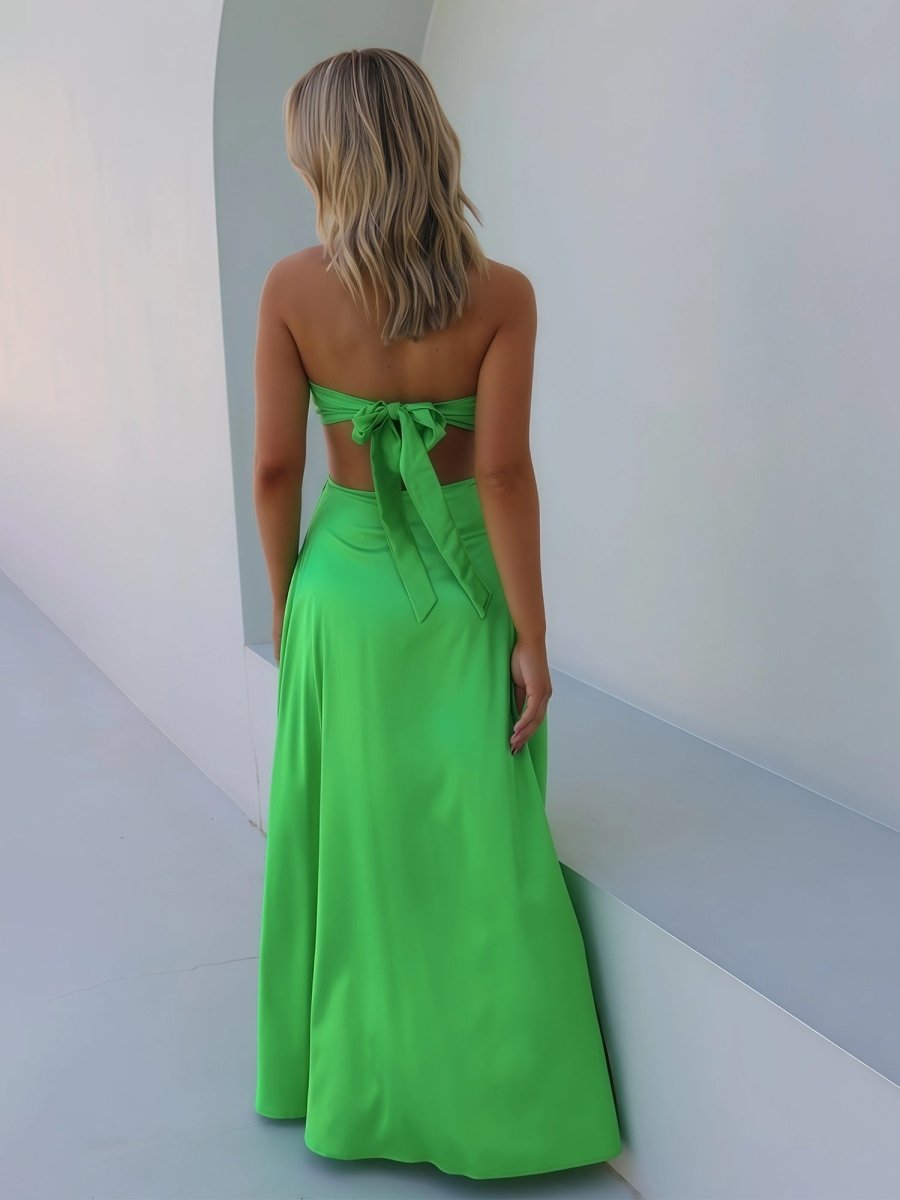 Nadine | Green Strapless Back Tie Satin A - line Prom Dress - KissProm