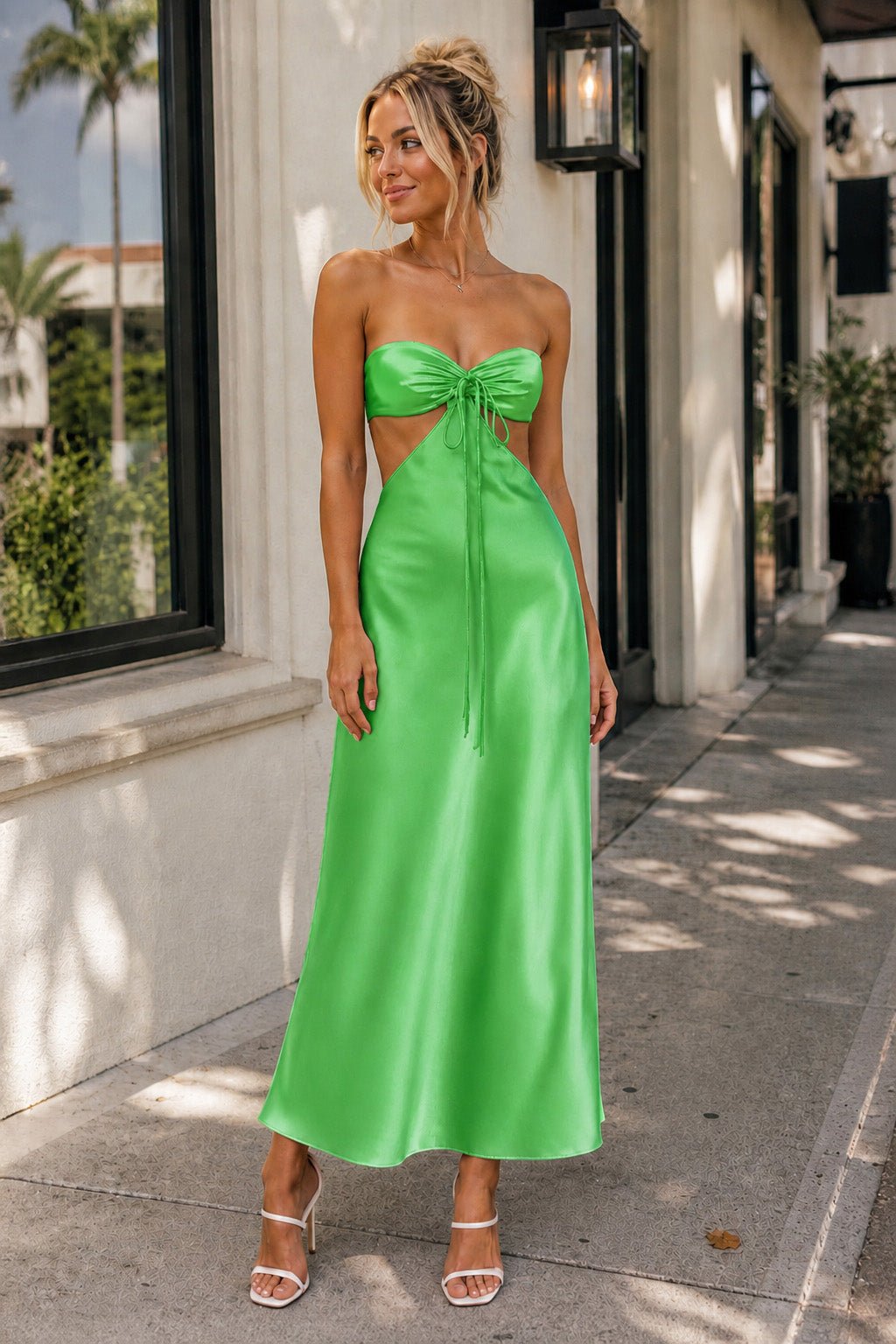 KissProm Pink Sweetheart Back Tie Satin A-line Prom Dress, Green / 18