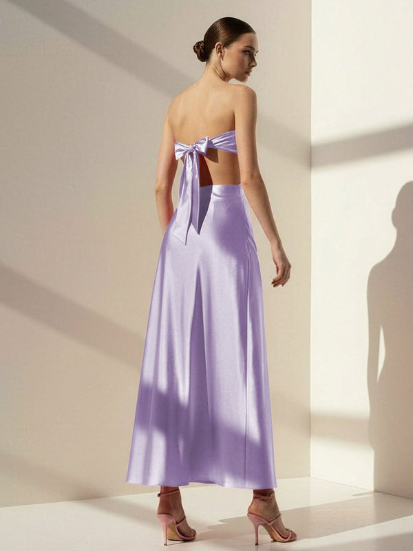 Nadine | PInk Strapless Back Tie Satin A - line Prom Dress - KissProm