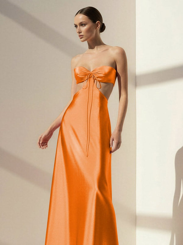 Nadine | Orange Strapless Back Tie Satin A - line Prom Dress - KissProm
