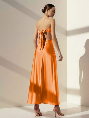 Nadine | Orange Strapless Back Tie Satin A - line Prom Dress - KissProm