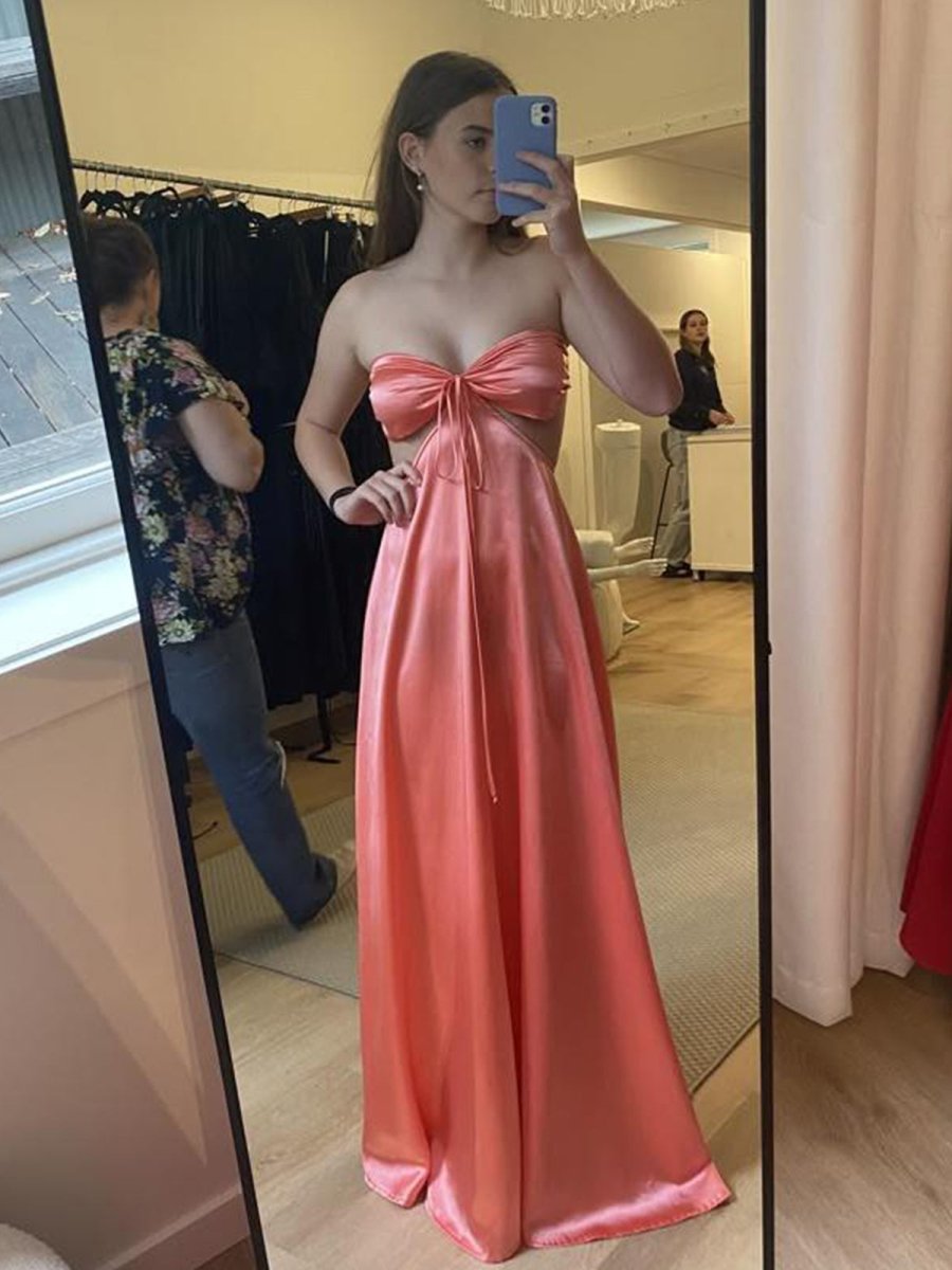 Nadine | Coral Strapless Back Tie Satin A - line Prom Dress - KissProm