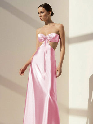 Nadine | PInk Strapless Back Tie Satin A - line Prom Dress - KissProm