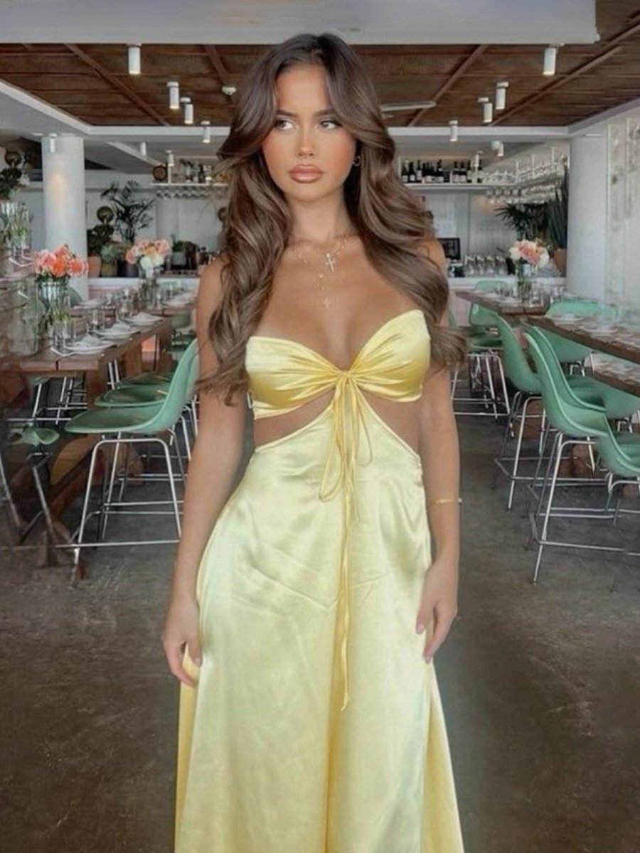 Nadine | Yellow Strapless Back Tie Satin A - line Prom Dress - KissProm
