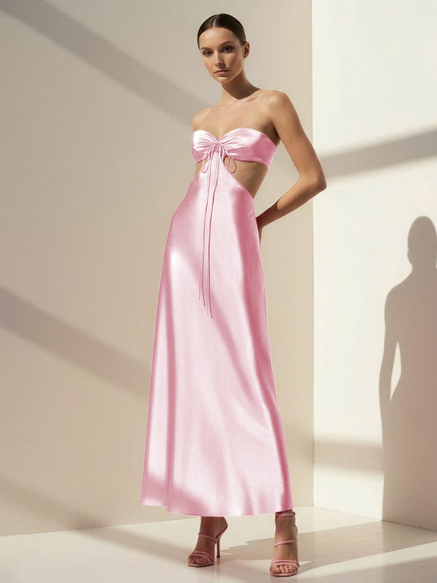 Nadine | PInk Strapless Back Tie Satin A - line Prom Dress - KissProm