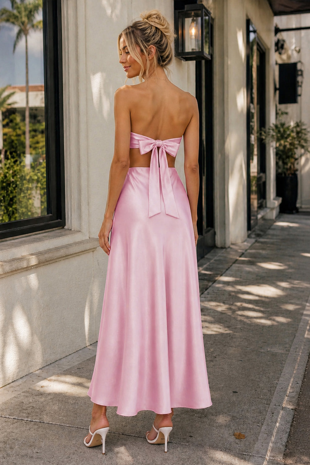 Nadine | PInk Strapless Back Tie Satin A - line Prom Dress - KissProm