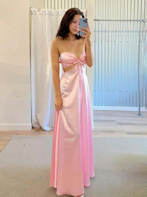 Nadine | PInk Strapless Back Tie Satin A - line Prom Dress - KissProm