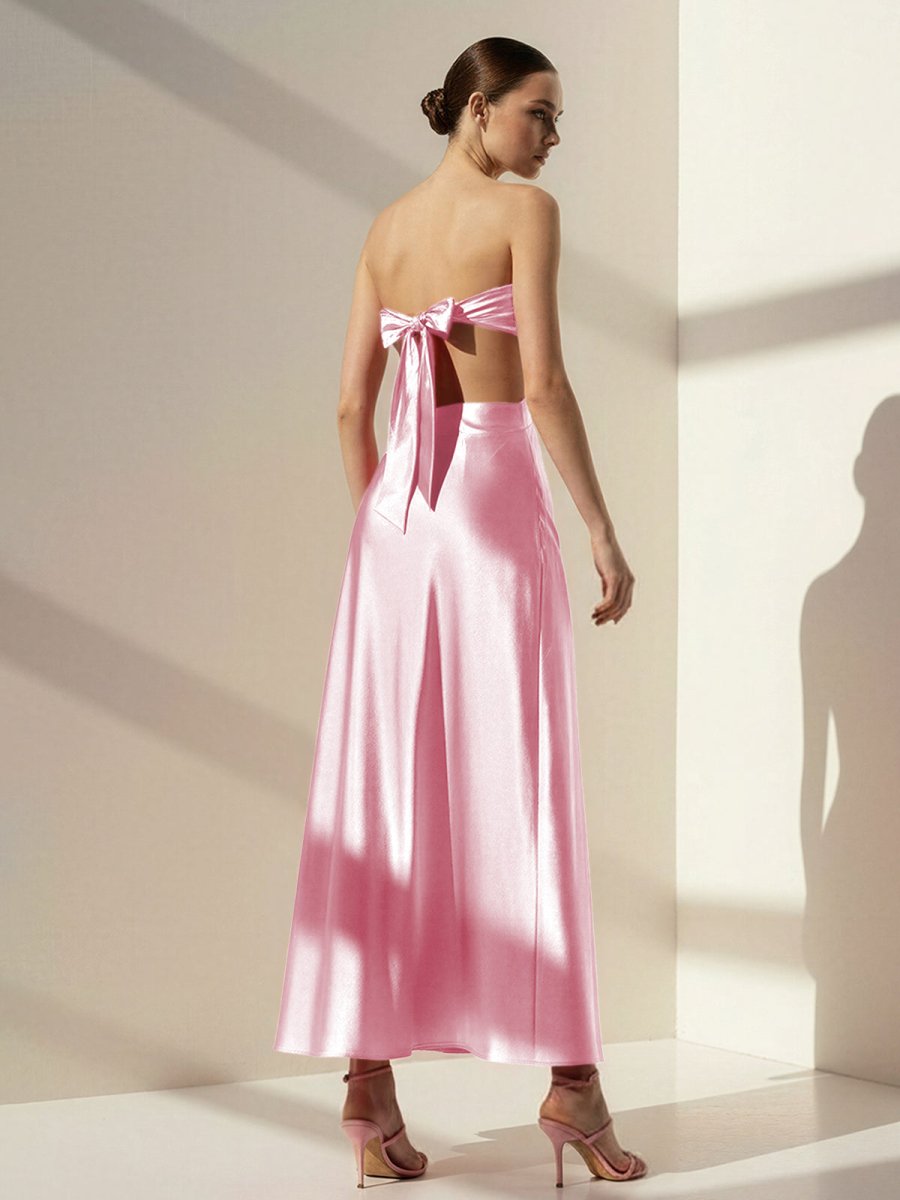 Nadine | PInk Strapless Back Tie Satin A - line Prom Dress - KissProm