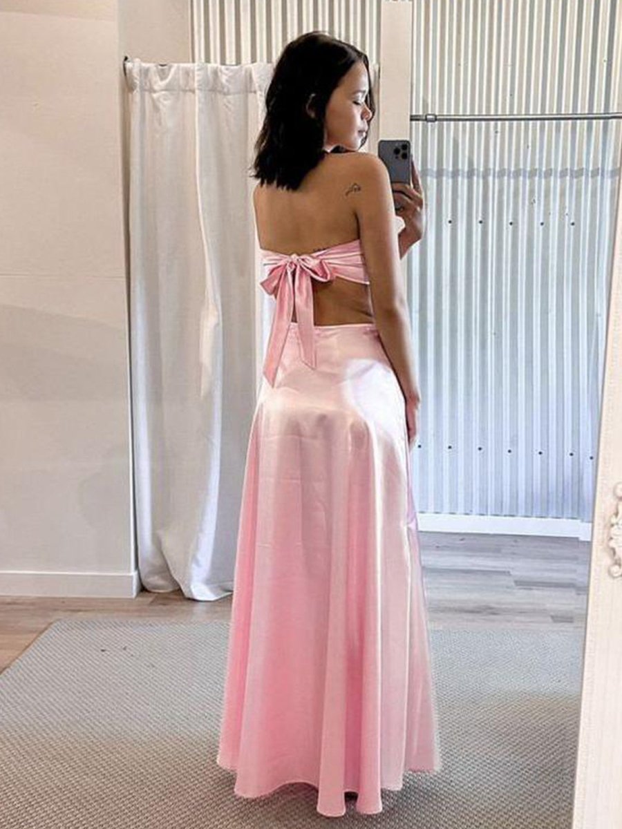 Nadine | PInk Strapless Back Tie Satin A - line Prom Dress - KissProm