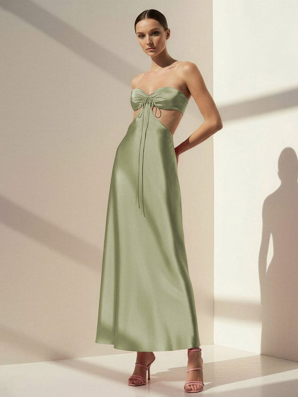 Nadine | PInk Strapless Back Tie Satin A - line Prom Dress - KissProm