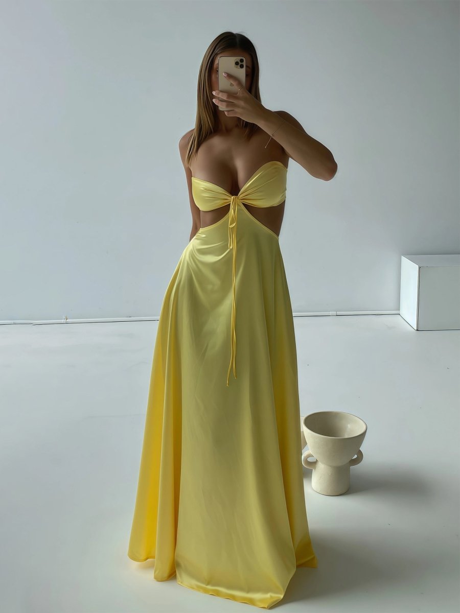 Nadine | Yellow Strapless Back Tie Satin A - line Prom Dress - KissProm